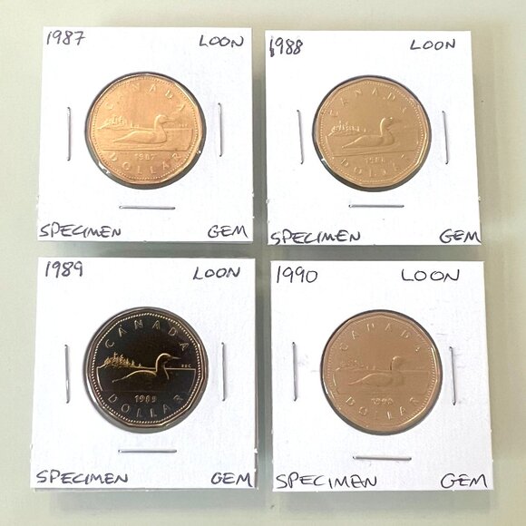 1987, 1988, 1989 and 1990 Canada Specimen Finish $1 Loonies! - Picture 1 of 10